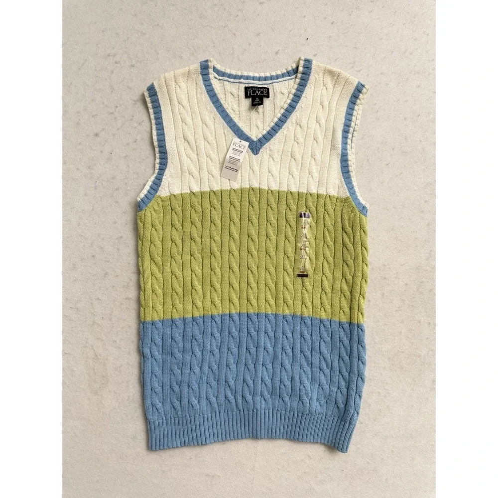 NEW The Children's Place Boys Blue Cable Knit Sweater Vest Size XL V Neck Cotton